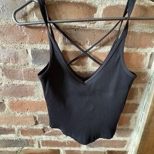 Vuori Black Ribbed V-Neck Cami with Crisscross Back Straps